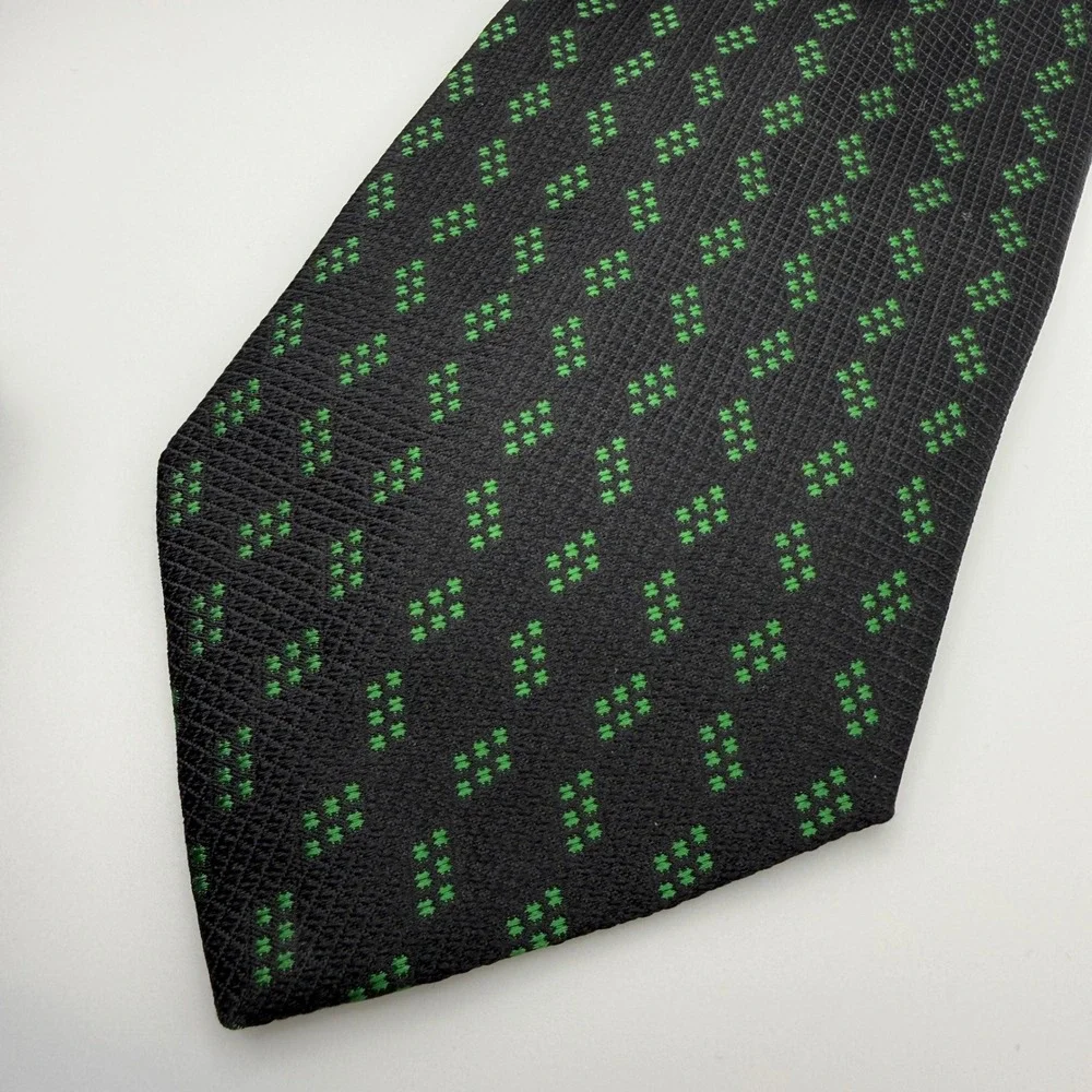 Valentino Necktie‎ Mens OS Black Green Geometric Silk Hand Made Italy Tie